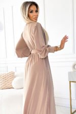 536-2 FIORELLA Long dress with a wide belt and neckline - beige-5