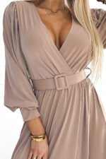 536-2 FIORELLA Long dress with a wide belt and neckline - beige-6
