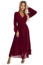 537-1 Pleated chiffon dress with scoop neckline, long sleeves and tied belt - burgundy-7