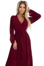 537-1 Pleated chiffon dress with scoop neckline, long sleeves and tied belt - burgundy-8