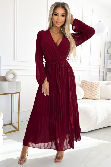 537-1 Pleated chiffon dress with scoop neckline, long sleeves and tied belt - burgundy-1