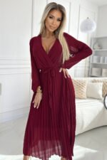 537-1 Pleated chiffon dress with scoop neckline, long sleeves and tied belt - burgundy-2