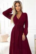 537-1 Pleated chiffon dress with scoop neckline, long sleeves and tied belt - burgundy-4