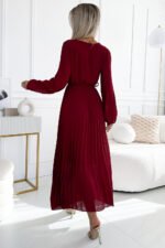 537-1 Pleated chiffon dress with scoop neckline, long sleeves and tied belt - burgundy-3