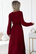 537-1 Pleated chiffon dress with scoop neckline, long sleeves and tied belt - burgundy-5