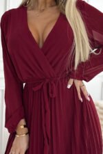 537-1 Pleated chiffon dress with scoop neckline, long sleeves and tied belt - burgundy-6