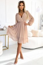 538-1 MILA Chiffon midi dress with long sleeves and neckline - beige-4