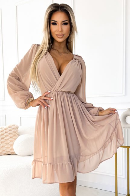 538-1 MILA Chiffon midi dress with long sleeves and neckline - beige-1