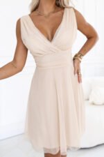 541-5 CELESTINA Elegant tulle dress with neckline and tie - beige-5