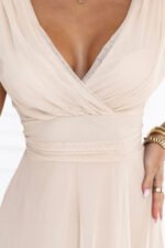 541-5 CELESTINA Elegant tulle dress with neckline and tie - beige-6