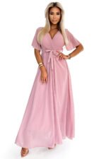 545-1 Long dress with a pleated neckline and ties - powder pink-7