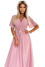 545-1 Long dress with a pleated neckline and ties - powder pink-8