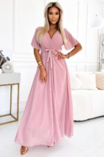 545-1 Long dress with a pleated neckline and ties - powder pink-1