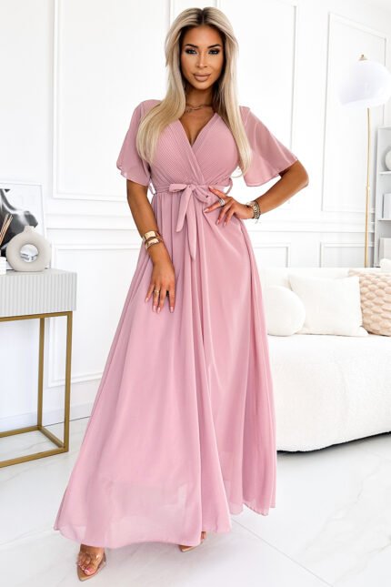 545-1 Long dress with a pleated neckline and ties - powder pink-1