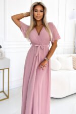 545-1 Long dress with a pleated neckline and ties - powder pink-3
