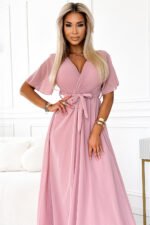 545-1 Long dress with a pleated neckline and ties - powder pink-5