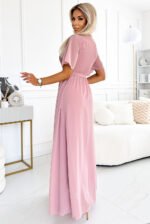 545-1 Long dress with a pleated neckline and ties - powder pink-2