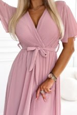 545-1 Long dress with a pleated neckline and ties - powder pink-6