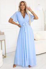 545-2 Long dress with pleated neckline and tie - light blue-1