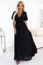 545-5 Long dress with pleated neckline and tie - black-1