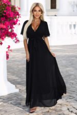 545-5 Long dress with pleated neckline and tie - black-6