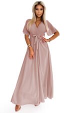 545-6 Long dress with pleated neckline and tie - taupe-7