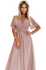 545-6 Long dress with pleated neckline and tie - taupe-8