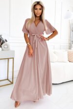 545-6 Long dress with pleated neckline and tie - taupe-1