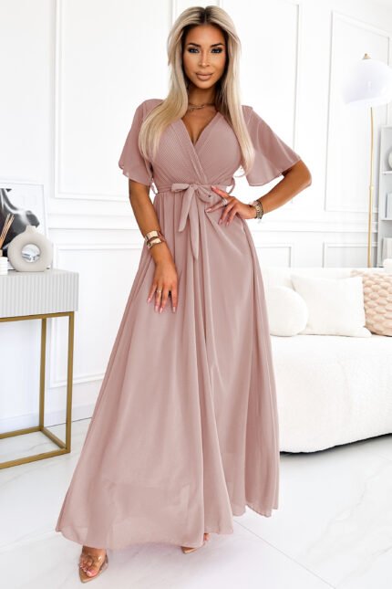 545-6 Long dress with pleated neckline and tie - taupe-1
