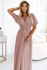545-6 Long dress with pleated neckline and tie - taupe-2
