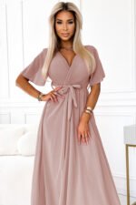 545-6 Long dress with pleated neckline and tie - taupe-4