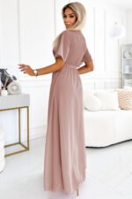 545-6 Long dress with pleated neckline and tie - taupe-3