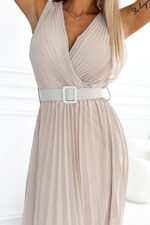 546-1 Pleated dress with a wide belt and neckline - Beige-6