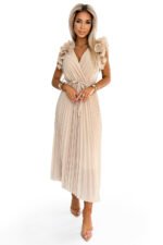 549-1 MIRABELLA Pleated chiffon midi dress with a neckline and delicate ruffles - beige-7