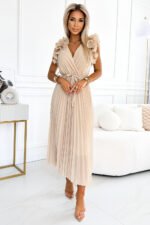 549-1 MIRABELLA Pleated chiffon midi dress with a neckline and delicate ruffles - beige-1