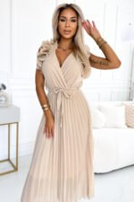 549-1 MIRABELLA Pleated chiffon midi dress with a neckline and delicate ruffles - beige-2