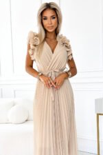 549-1 MIRABELLA Pleated chiffon midi dress with a neckline and delicate ruffles - beige-4
