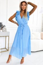 549-2 MIRABELLA Pleated chiffon midi dress with a neckline and delicate ruffles - light blue-2
