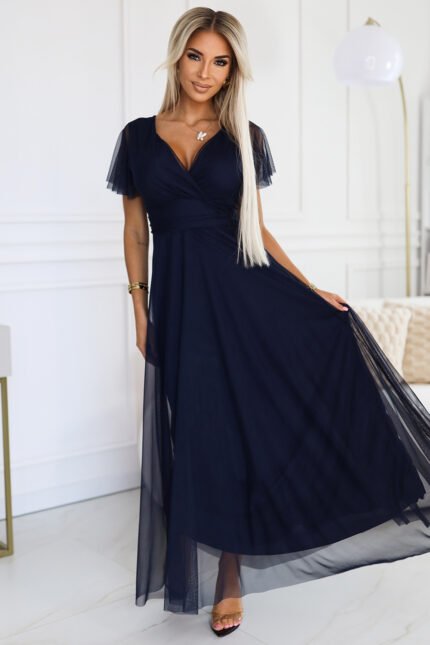 562-1 NASTIA Long dress with neckline and short sleeves - navy blue-1