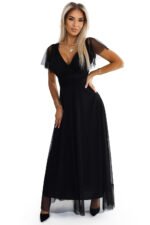 562-3 NASTIA Long dress with neckline and short sleeves - black-8