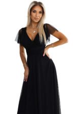 562-3 NASTIA Long dress with neckline and short sleeves - black-7