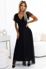 562-3 NASTIA Long dress with neckline and short sleeves - black-1