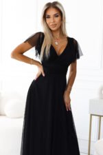 562-3 NASTIA Long dress with neckline and short sleeves - black-4