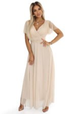 562-6 NASTIA Long dress with a neckline and short sleeves - beige-7