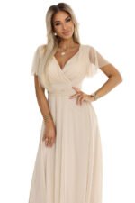 562-6 NASTIA Long dress with a neckline and short sleeves - beige-8