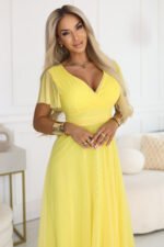562-8 NASTIA Long dress with a neckline, tie and short sleeves - lemon limoncello-2