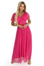 562-9 NASTIA Long dress with a neckline, tie and short sleeves - raspberry sorbet-7