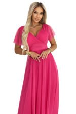 562-9 NASTIA Long dress with a neckline, tie and short sleeves - raspberry sorbet-8