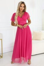 562-9 NASTIA Long dress with a neckline, tie and short sleeves - raspberry sorbet-1