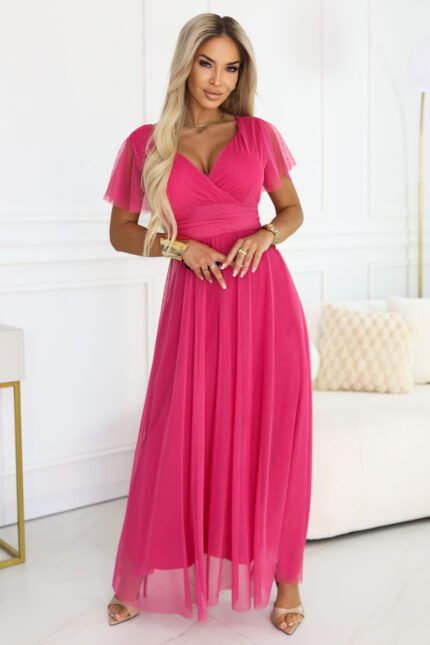 562-9 NASTIA Long dress with a neckline, tie and short sleeves - raspberry sorbet-1